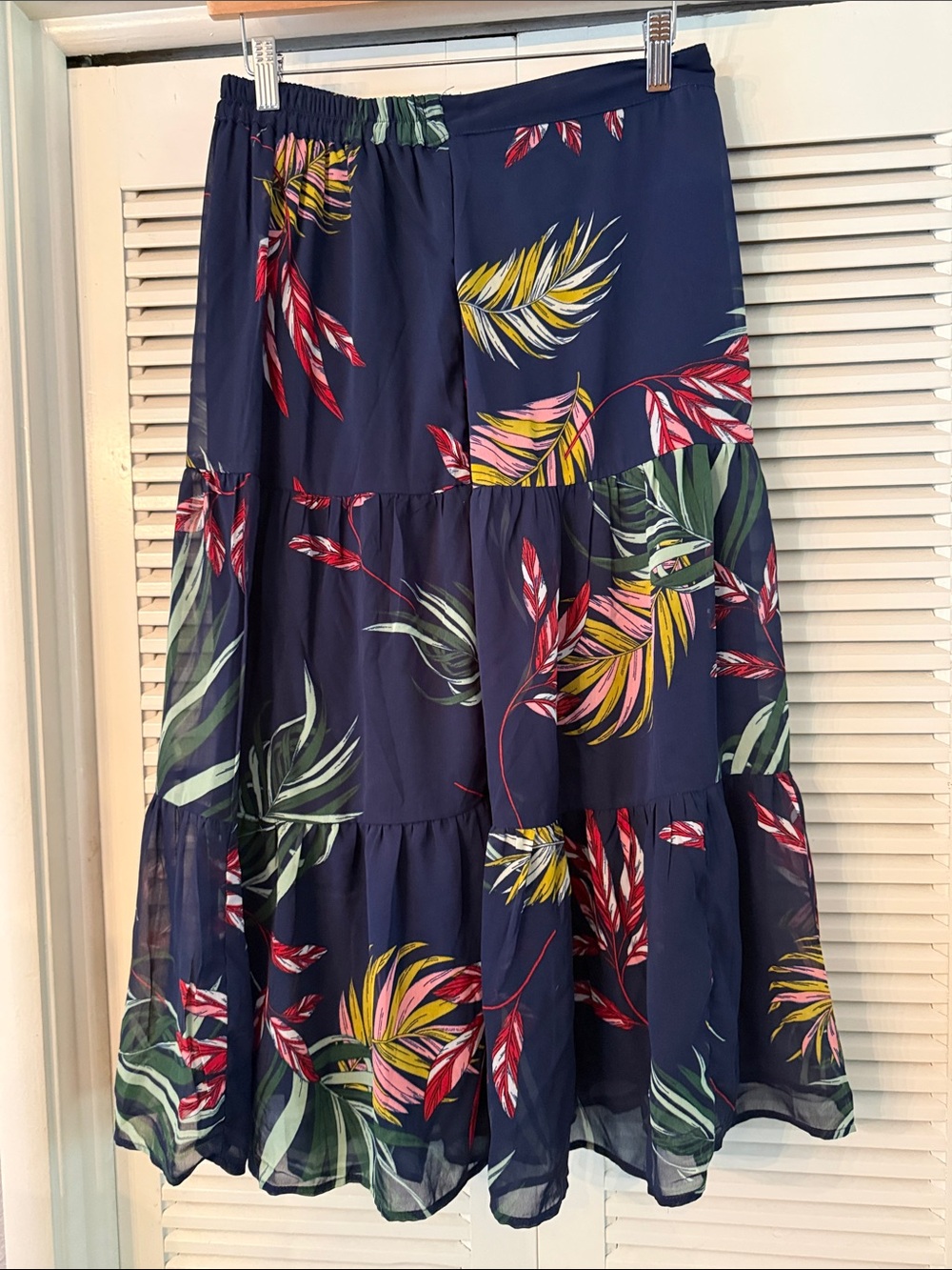 Japna Navy Tiered Maxi Skirt with Tropical Leaf Print